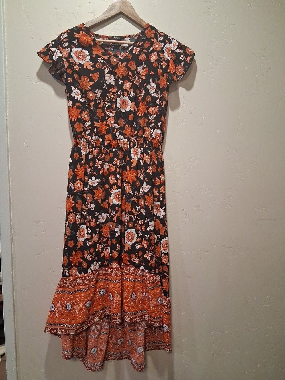 Fashion Brand Wmn's M Orange/Black Floral Dress Hi Lo Ruffles Boho Cottage Core